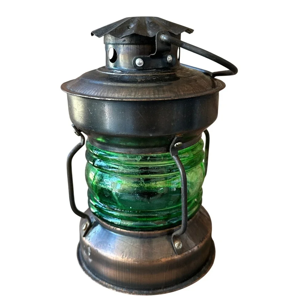 Vintage Style Nautical Copper Green Glass Fresnel Lens Ship Lantern 7.5 Inch